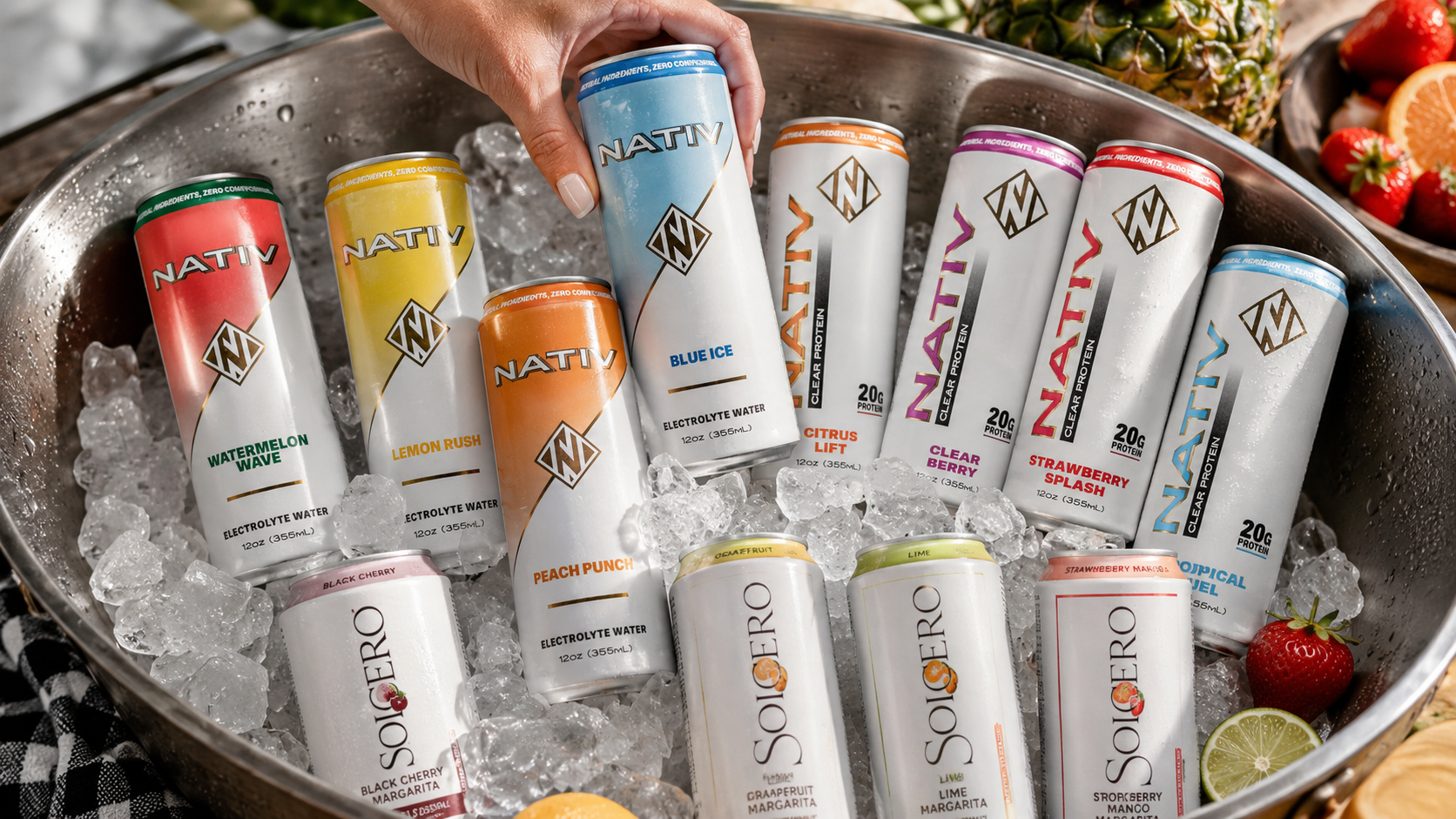 A chilled bucket filled with NATIV drinks and mocktails